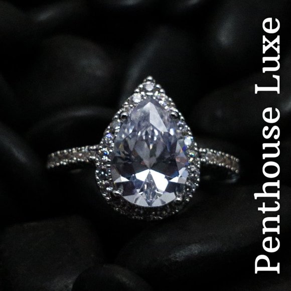 Teardrop Halo Paved Silver Ring - Picture 2 of 7